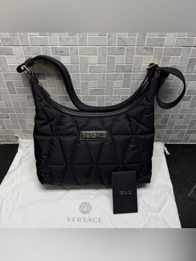 Versace Quilted Nylon Hobo Shoulder Bag Black Gold Logo Medusa Strap New